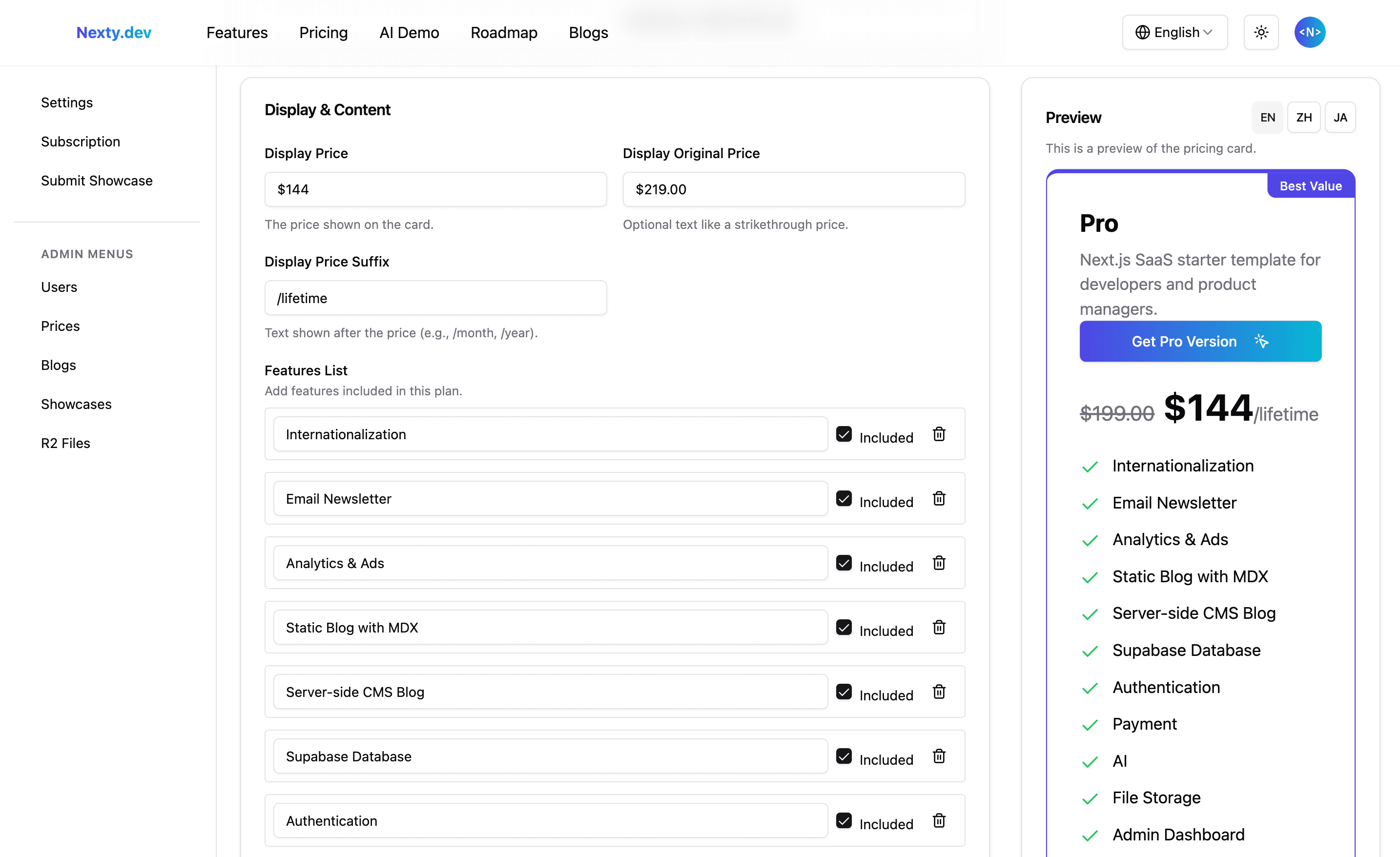 nexty.dev prices form